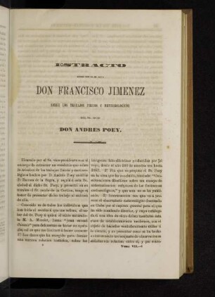 Estracto hecho por el sr. socio Don Francisco Jiminez sobre los Trabajos fisicos y meterologicos del sr. socio Don Andres Poey.