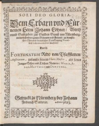 Soli Deo Gloria, Dem Erbarn und Fürnemen Herrn Johann Löhner/ Wirth unnd Gastgeben zur Gulden Ganß inn Nürmberg ... musicirt