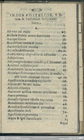 Index Posterior, Rerum & Verborum Memorabilium