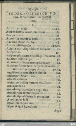 Index Posterior, Rerum & Verborum Memorabilium