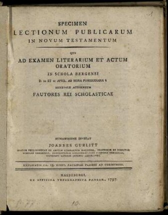 Specimen [1]: Specimen Lectionum Publicarum In Novum Testamentum. Specimen [1]