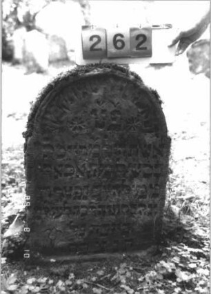 Grabstein 262 (Index: 99799901) Material: Sandstein Zustand: verwittert Maße HxBxT: 78x59x10 cm Beschreibung: Stele, eingezogener Rundbogenabschluß, Schriftfeld eingetieft Symbolik: Rosetten: Grabstein 262