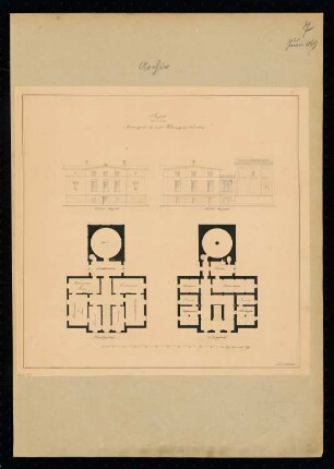 Archiv Monatskonkurrenz Juni 1839: Grundriss Erdgeschoss, Obergeschoss, Aufriss Vorderansicht, Seitenansicht; Maßstabsleiste