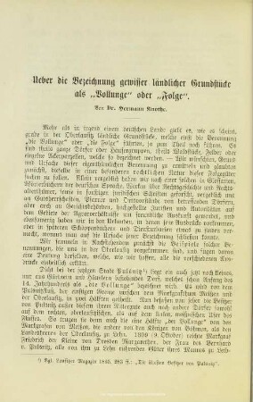 Ueber die Bezeichnung gewisser ländlicher Grundstücke als "Vollunge" oder "Folge"
