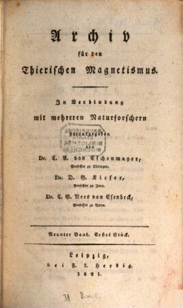 Archiv für den thierischen Magnetismus, 9. 1821