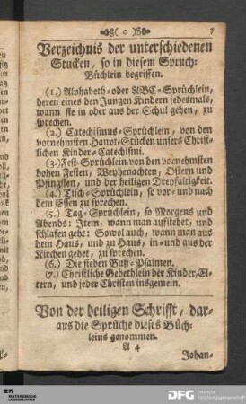 Verzeichnis der unterschiedenen Stucken, so in diesem Spruch-Büchlein begriffen.