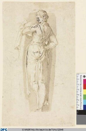 Stehende weibliche Figur, halb vom Rücken gesehen