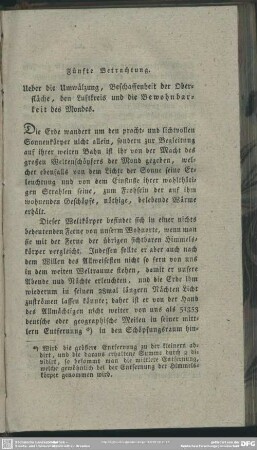 Fünfte Betrachtung. Ueber die Umwälzung, Beschaffenheit der Oberfläche, den Luftkreis und die Bewohnbarkeit des Mondes