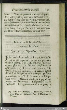 Lettre XLVI. La même à la même. Lyon, le 11. Septembre, 1672