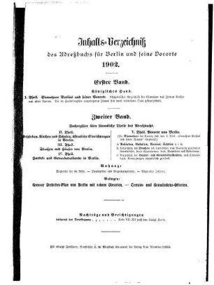 Inhalts= Verzeichniß des Adreßbuchs für Berlin und seine Vororte 1902