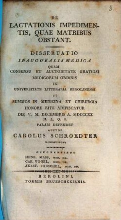 De lactationis impedimentis, quae matribus obstant : dissertatio inauguralis medica