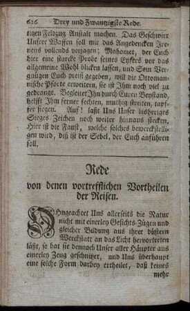 Rede von denen vortrefflichen Vortheilen der Reisen.