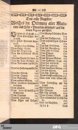 Das erste Register/ Welches die Ordnung aller Materien und Lehr-Puncten anzeiget/ auf die neuen Paginas gerichtet.