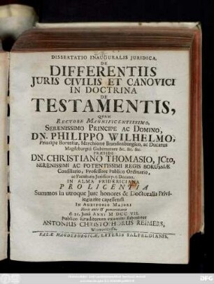 Dissertatio Inauguralis Juridica, De Differentiis Juris Civilis Et Canovici [!] In Doctrina De Testamentis