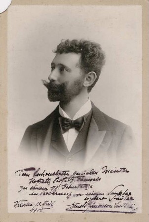 Ernst Oskar Simonson-Castelli : Ernst Oskar Simonson-Castelli (1864-1929, Dresdner Kunstmaler, Schüler von Ferdinand Pauwels). Fotografie mit Widmung und Autograph zum 70. Geburtstag von Pauwels aus: Nachlass Ferdinand Pauwels (1830-1904). Dresden: SLUB Mscr.Dresd.App.2340,331
