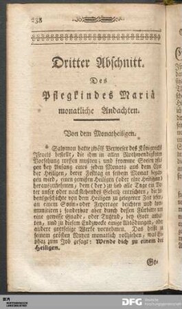 Dritter Abschnitt. Des Pflegkindes Mariä monatliche Andachten.
