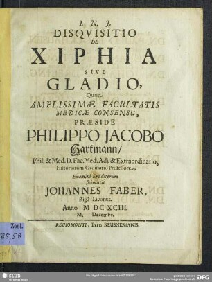 Disquisitio De Xiphia Sive Gladio
