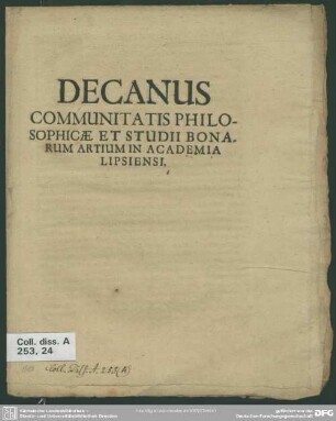Decanus Communitatis Philosophicae Et Studii Bonarum Artium In Academia Lipsiensi