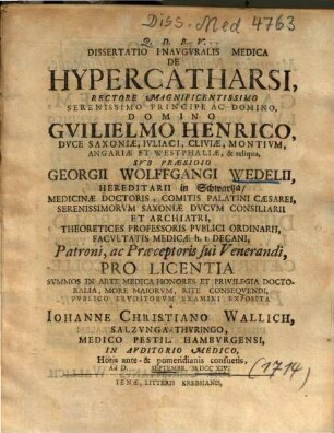 Dissertatio Inavgvralis Medica De Hypercatharsi