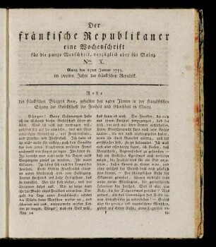 Nro. X. Mainz den 25ten Januar 1793. im zweiten Jahre der fränkischen Republik.