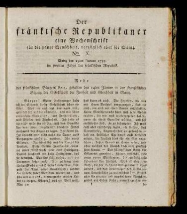 Nro. X. Mainz den 25ten Januar 1793. im zweiten Jahre der fränkischen Republik.
