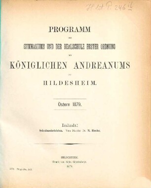 Programm des Königlichen Gymnasium Andreanum zu Hildesheim : Ostern ..., 1878/79