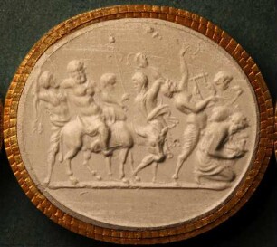Silenus auf seinem Esel, umfasst einen Satyr, vor ihm eine weibliche Figur, eine Bacchantin, ein Satyr und zwei Faun (Daktyliothek, Supplement)
