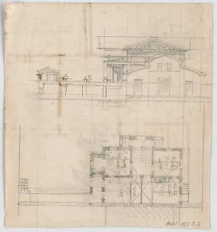 Thiersch, August ; München, Georgenstr.; Privathaus, Projekt - Grundriss, Ansicht