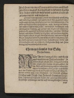 Ehren-gezeugnus des Selig Verstorbenen.