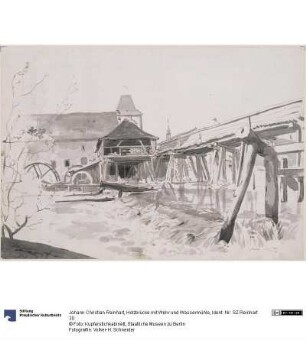 Holzbrücke mit Wehr und Wassermühle
