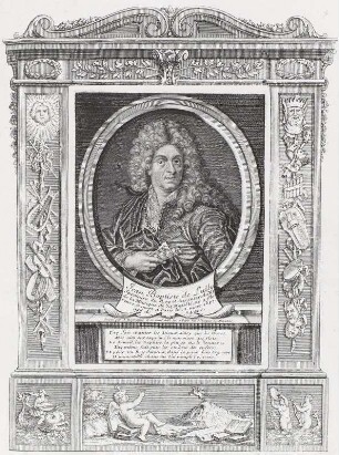 Bildnis Jean Baptiste de Lully, Kupfertafel XII : Desrochers, Etienne: Bildnis Jean-Baptiste Lully. 1741. Kupfertafel XII in Nachauflage: Titon du Tillet, Évrard: Le Parnasse françois. Paris: Jean-Baptiste Coignard fils, 1732. Kupferstich; 245 x 195 mm (Plattengröße). Dresden: SLUB Biogr.erud.B.118