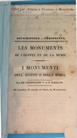 Souscription. Les monuments de l'Égypte et de la Nubie : = Prospectus. I monumenti dell'Egitto e della Nubia