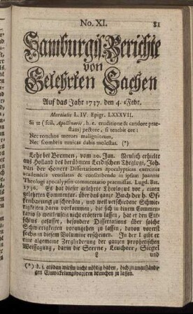 No. XI. den 4. Febr. 1737. - No. XVII. den 26. Febr. 1737.