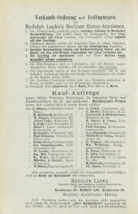 Verkaufs-Ordnung und Bedingungen für Rudolph Lepke's Berliner Kunst-Auctionen