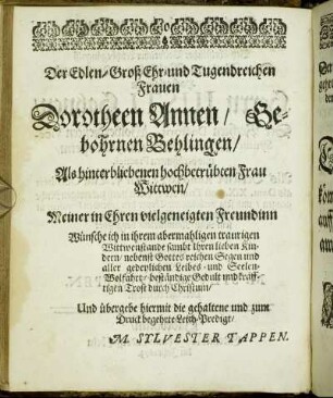 Der Edlen-Groß Ehr- und Tugendreichen Frauen Dorotheen Annen/ Gebohrnen Behlingen/ [...]