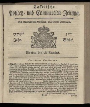 32tes Stueck, Montag den 9ten Augustus. 1779