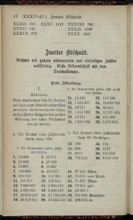 Zweiter Abschnitt. Rechnen mit ganzen unbenannten und einsortigen Zahlen - vollständig. Erste Bekanntschaft mit dem Decimalkomma