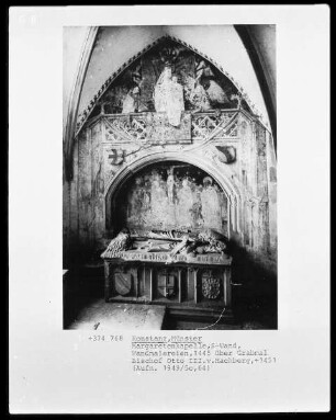Madonna im Strahlenkranz (oben) und Kreuzigung mit Petrus, Otto III., Maria, Johannes, kniender Ritter, Paulus (unten)