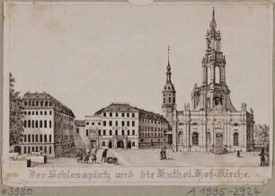 Die Katholische Hofkirche in Dresden, Blick über den Schlossplatz nach Süden, mit dem Residenzschloss und dem Georgenbau