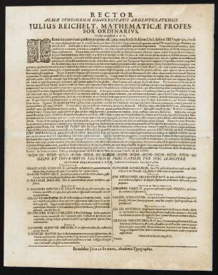 Rector Almae Studiorum Universitatis Argentoratensis Julius Reichelt, Mathematicae Professor Ordinarivs, Civibus Academicis S. P. D.