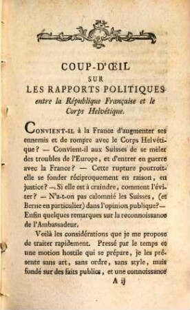 Coup-D'Oeil Sur Les Relations Politiques Entre La République Française Et Le Corps Helvétique : 26 Février 93