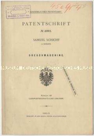 Patentschrift einer Dreschmaschine, Patent-Nr. 4001