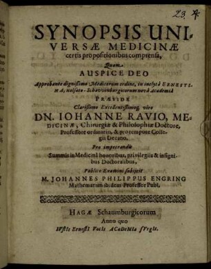 Synopsis Universae Medicinae certis propositionibus comprensa