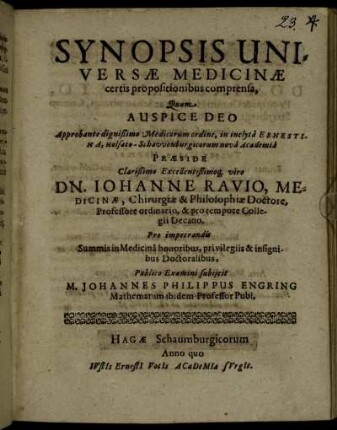 Synopsis Universae Medicinae certis propositionibus comprensa