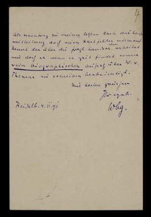 Nr. 4: Postkarte von Max von Waldberg an Edward Schröder, Heidelberg, 4.11.1891