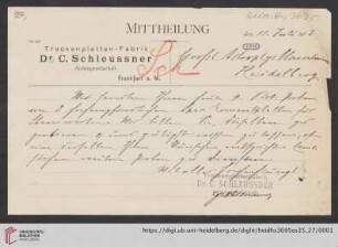 Brief von Dr. C. Schleussner AG (Frankfurt, Main) an Max Wolf