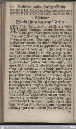 Löblicher Stadt Zürich Kriegs Articul [Schweitzerisches Kriegs-Recht]