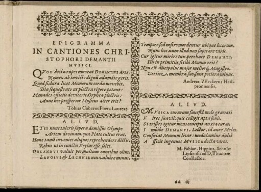 Epigramma In Cantiones Christophori Damantii Musici