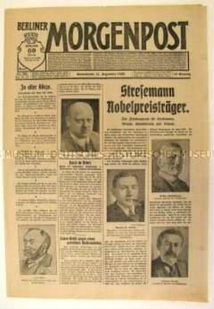 Tageszeitung "Berliner Morgenpost" zur Verleihung des Friedens-Nobelpreises an Stresemann und andere