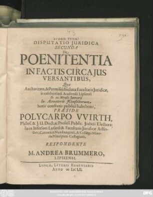 Disputatio Iuridica Secunda De Poenitentia In Factis Circa Ius Versantibus